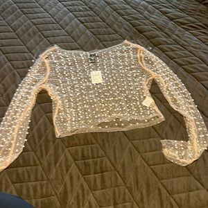 Long sleeve pearl and jewl mesh shirt